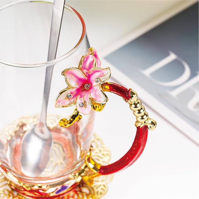 Flower Tea Cup, Lily Flower Clear Glass Fancy Coffee Mug with Spoon,Gift Box for Her Mom Wife Grandma Girls Friends Valentines Christmas Birthday Present Idea for Juice,Hot And Cold Drinks Use - Bloomnest