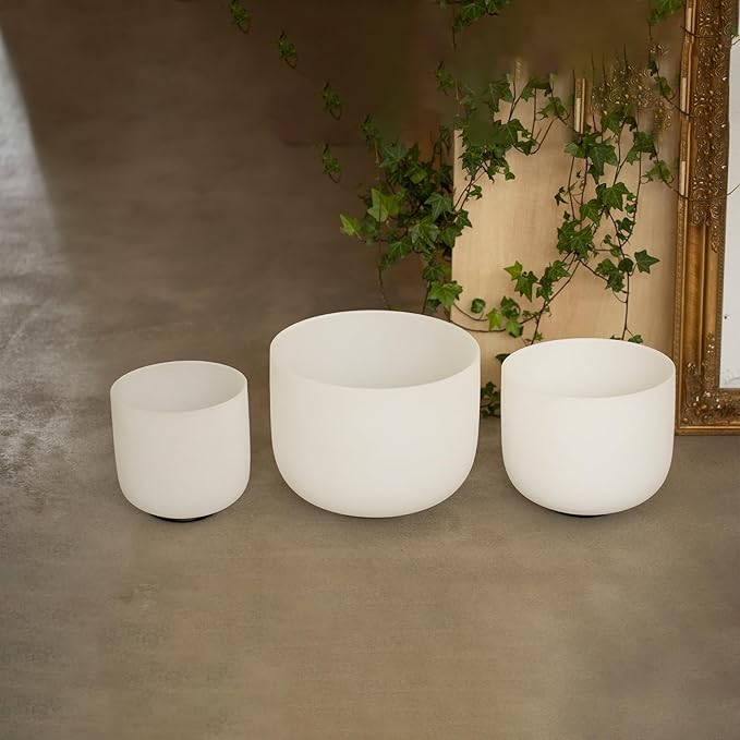 KVKA Set of 3pcs Chakra Frosted Quartz Crystal Singing Bowls Set 8-12 inch with Carrying Case - 12''C 10''F 8''B for Yoga Sound Healing