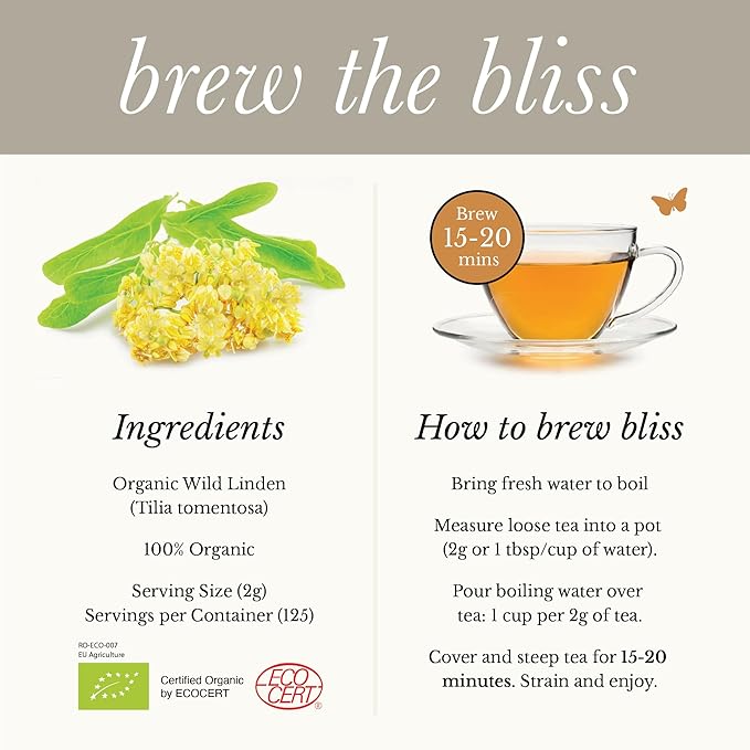 Wild Bliss Organic Linden Flower Tea - Caffeine Free Loose Leaf Calming Herbal Tea - 8.8 Ounces - 125 Servings - Bloomnest