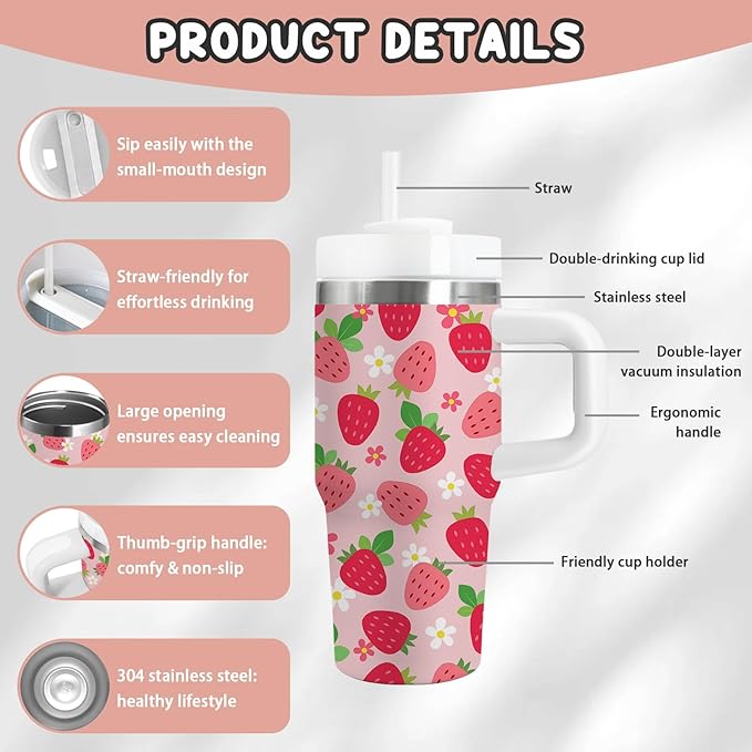 Strawberry Gifts for Girls - 14oz Pink Kids Strawberry Tumbler with Handle and Straw, Stainless Steel Insulated Water Cup, for School, Travel - Strawberries Themed Children Birthday Gift Cup(1pc) - Bloomnest