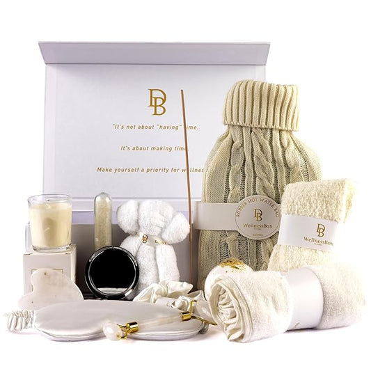 White Wellness Box 12pc Self Care Spa Gift Basket for Women - Loving Gift Basket for Mothers Day, Birthday, Best Friend set, Womens Beauty Kit. Luxury Gifts with Scented Candle, Bath Bomb.