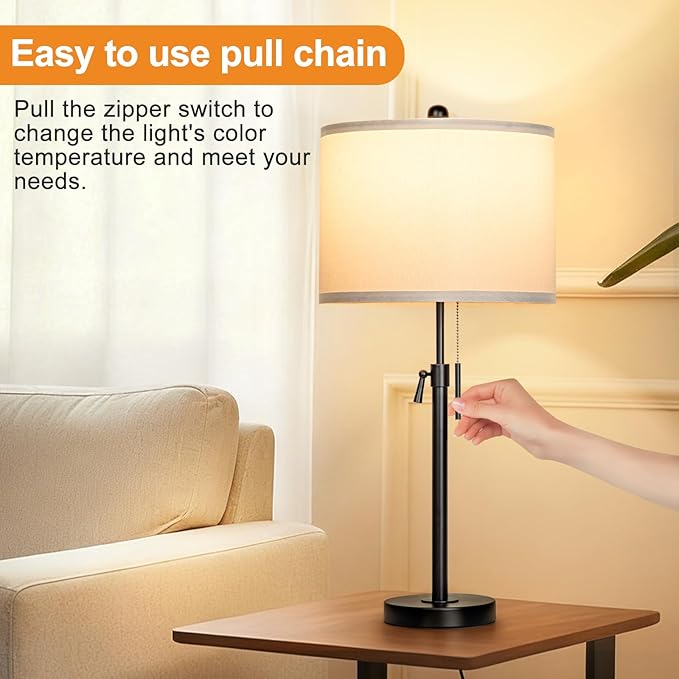 Black Table Lamps for Bedrooms Set of 2: 22" to 30" Height Adjustable Nightstand Lamps with White Linen Shade | Pull Chain Switch | Metal Base 丨3 Color Temperatures Included Beside Lamp (Black) - Bloomnest