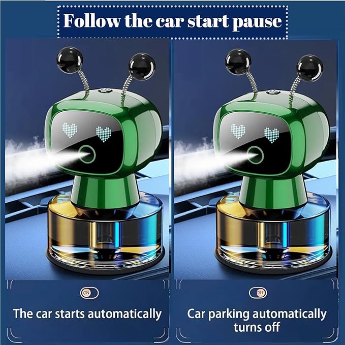 Robot Intelligent Aromatherapy Machine, Smart Cute Robot Car Air Freshener - Fine Spray/Fillable/Four-Gear Adjustment/Vibration Sensing/On-Off/Large Capacity Long-Lasting Fragrance/Green-V2(Gardenia) - Bloomnest