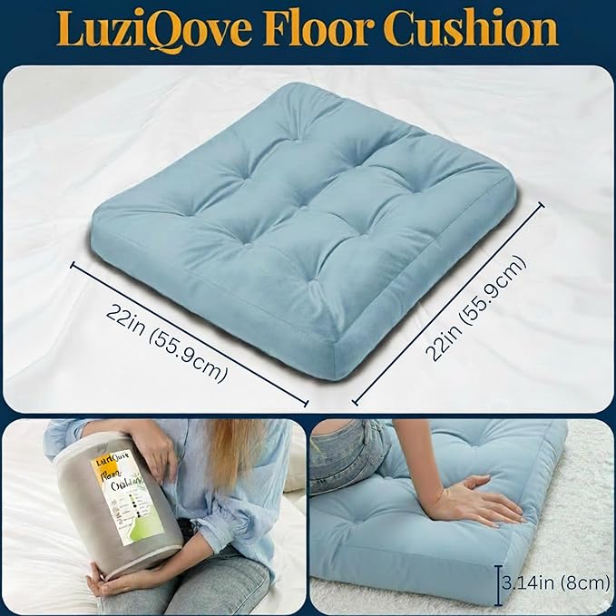 Velvet Floor Pillow Set of 2, Square Large Pillows Seating for Adults, Tufted Cushions for Meditation, Yoga Tatami Living Room Chair, Machine-Washable & Dryer-Safe, Pastel Blue, 22x22 Inch - Bloomnest