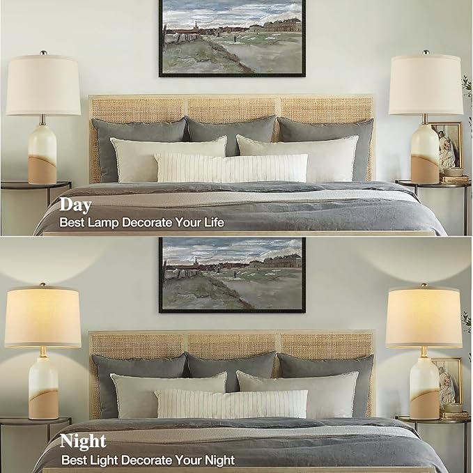 Luvkczc Ceramic Table Lamps Set of 2, 3-Color Temperature Adjustable Bedside Lamps with Line Lampshade, Nightstand Lamps for Bedroom, Living Room, Entryway Home Decor, Modern Table Lamps - Bloomnest