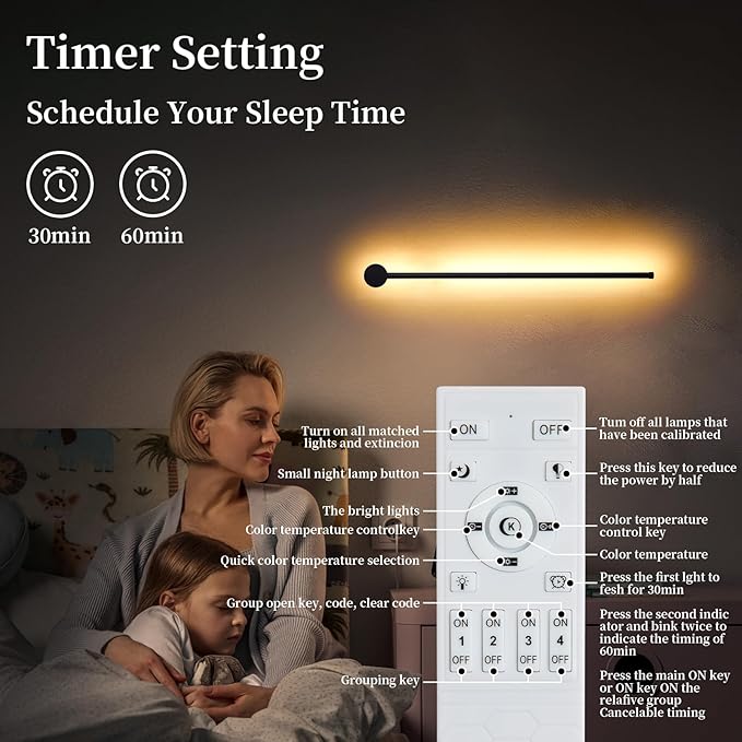 Dimmable Plug in Wall Sconce Set of 2, Black 23.6" LED Wall Light with Remote, Adjustable Color Temperature Brightness Wall lamp with Timer for Living Room,Bedroom and Accent Lighting - Bloomnest