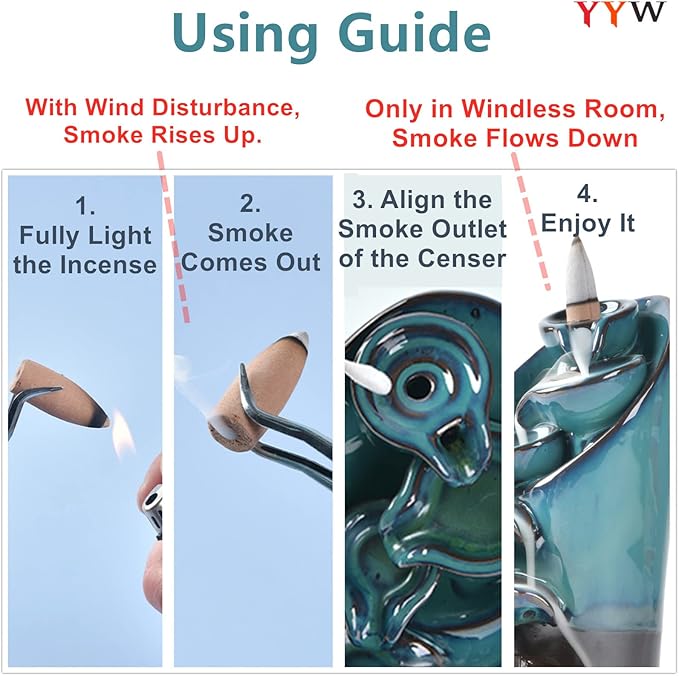 YYW Backflow Incense Burner Holder Handmade Statue Decor Fountain Waterfall Incense Holder with 20 Backflow Incense Cones 30 Incense Sticks 1 Tweezer 1 Mat for Indoor Meditation Yoga (Blue) - Bloomnest