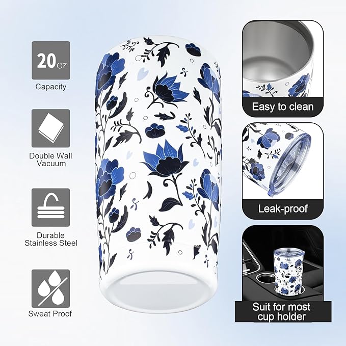 20oz Tumbler with Lid and Straw Double Wall Powder Coated Vacuum Insulated Coffee Tumbler Stainless Steel Travel Coffee Mug Spill-Proof Thermal Cup for Hot and Cold Beverage,Blue and White Porcelain - Bloomnest