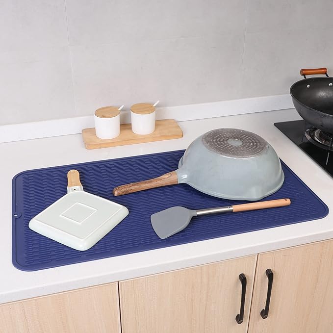 Silicone Dish Drying Mat for Multiple Usage,Easy clean,Eco-friendly,Heat-resistant Silicone Mat for Kitchen Counter or Sink,Refrigerator or Drawer Liner Navy Blue 4XL 32 inches x 18 inches - Bloomnest
