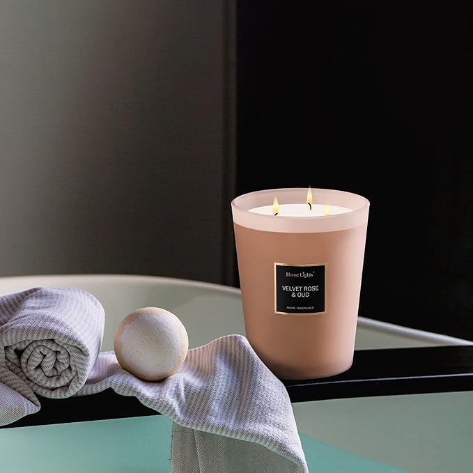 HomeLights Scented Candles | Large Jar Candle-33.3 Oz. Natural Soy Aromatherapy Candles | Up to 130 Hours Burn Time with 3 Cotton Wicks, Home Decorative Fragrance Candles Gift - Velvet Rose Oud - Bloomnest