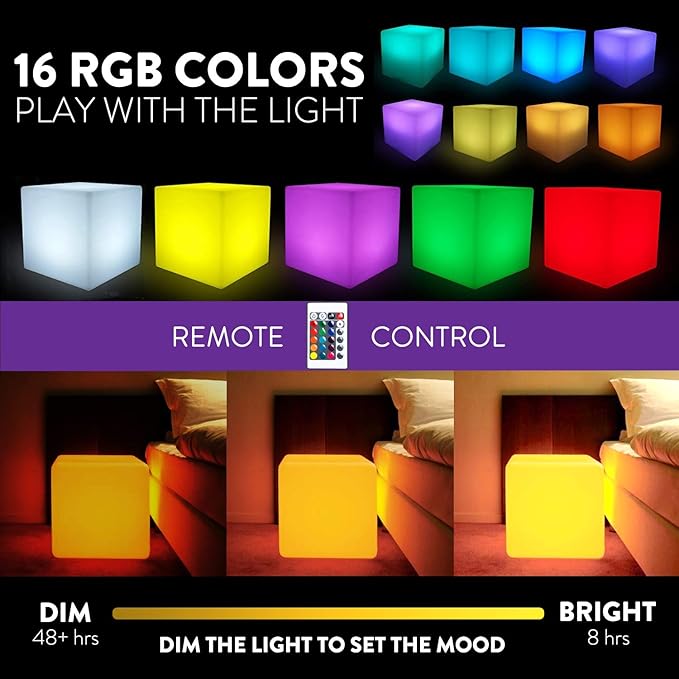 Mr.Go 12-inch Rechargeable Magic LED Light Cube Stool with Remote Control Fun Mood Lamp Soothing Night Light Decorative Lighting for Home Kids Bedside Bedroom Nightstand Nursery Pool Party - Bloomnest