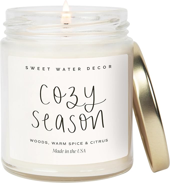 Sweet Water Decor Cozy Season Candle - Woods, Warm Spice, and Citrus Autumn Scented Soy Candles for Home - 9oz Clear Jar, 40 Hour Burn Time, Made in The USA - Bloomnest
