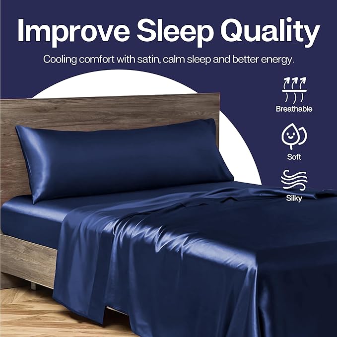 MR&HM Satin Body Pillow Cover, Soft and Breathable Body Pillow Case with Envelope Closure, Cooling and Silky Long Pillowcase for Hair and Skin,Grey (20x54, Navy Blue) - Bloomnest