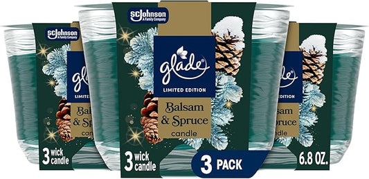 Glade 3-Wick Scented Candle Jar, Balsam & Spruce, Air Freshener Infused with Essential Oils, 6.8 Oz, 3 Count - Bloomnest