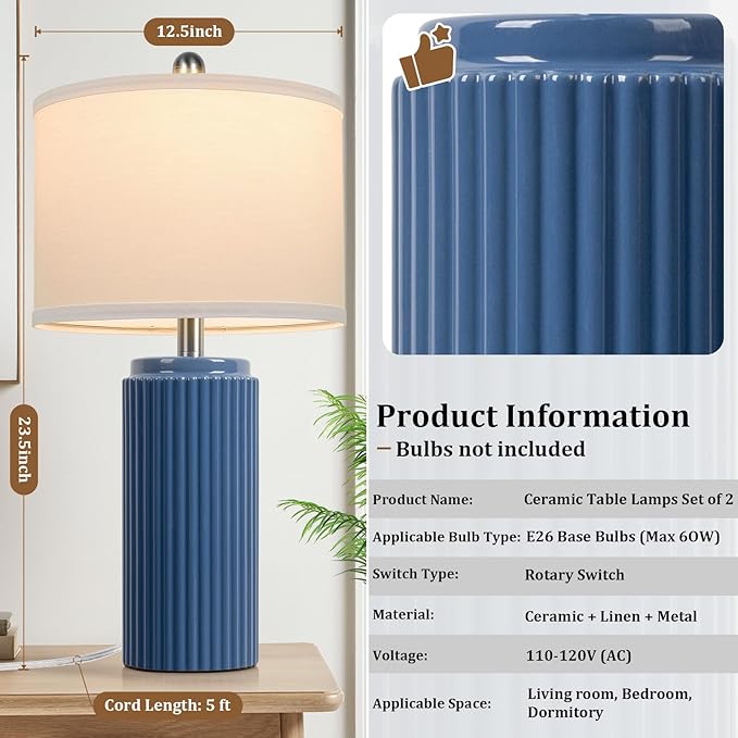 TOBUSA 23.5’’ Blue Table Lamps for Bedroom Set of 2, Modern Farmhouse Ceramic Bedside Nightstand Lamps for Living Room, Decorative Boho Ceramic Lamps Set for Home Office End Table Console, White Shade - Bloomnest