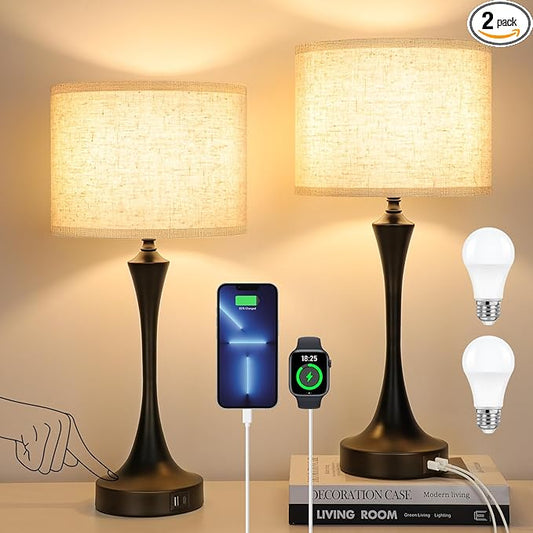 GGOYING 22” Set of 2 Touch Control Table Lamp with USB A+C Ports, 3-Level Dimmable Bedside Lamp with Fabric Lampshade, 3000K LED Bulbs, Nightstand Lamp for Bedroom Livingroom Office, Black - Bloomnest
