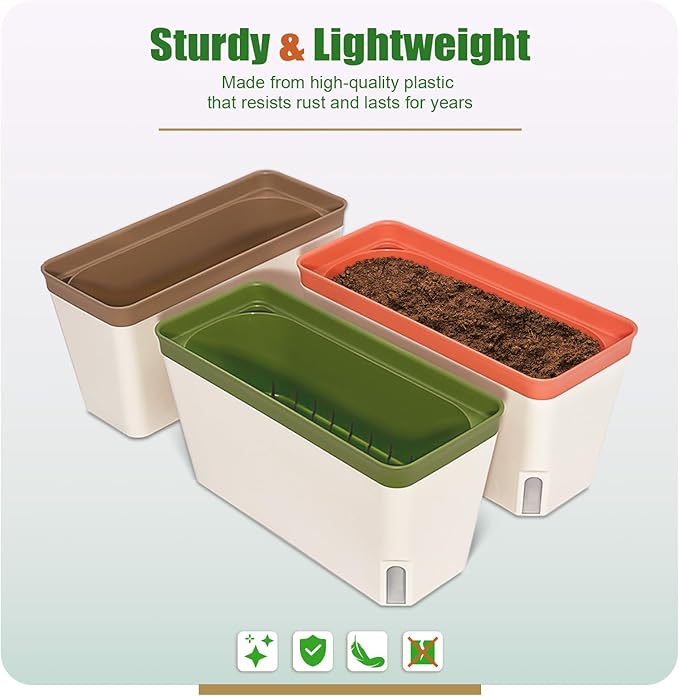 OurWarm Windowsill Herb Planter Box, Set of 3 Self Watering Plant Pots, 10.5 Inch Rectangular Planter Pot, Decorative Garden Flower Pots for Indoor Plants, Herbs, Vegetables, Flowers (3 Colors) - Bloomnest