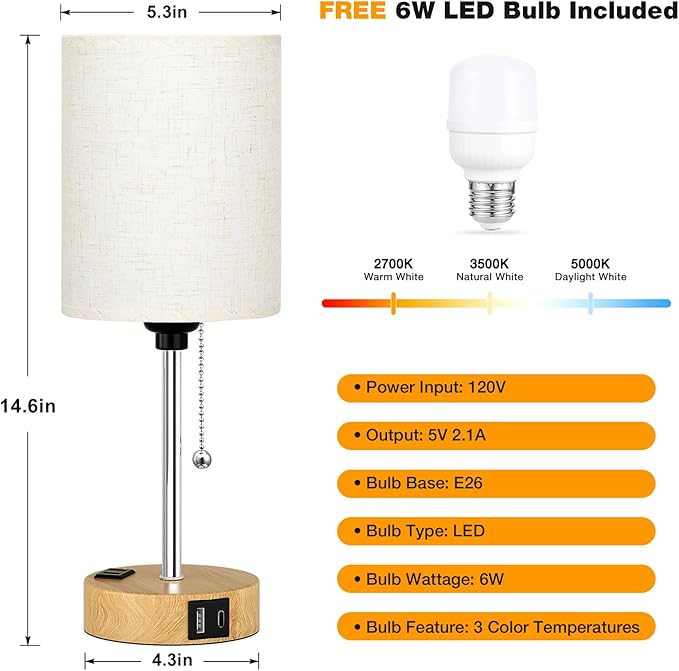 Small Bedside Lamp for Bedroom Nightstand - Table Lamp with USB C and A Port, Pull Chain Bed Lamps with AC Outlet, Wood Base Night Stand Lights for Kids Reading, Desk Lamp for Living Room/Dorm Room - Bloomnest