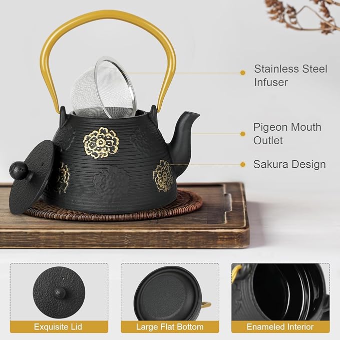 Ufine Cast Iron Teapot with Infuser for Loose Leaf Tea Japanese Style Tea Kettle for Stove Top, Enameled Interior Sakura Design (Black,40oz/1200ml) - Bloomnest