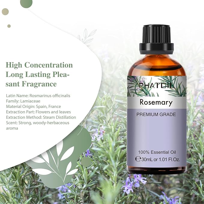 Rosemary Essential Oil 1.01fl.oz/30ml, PHATOIL Premium Rosemary Oils Long Lasting Scents for Aromatherapy, Diffuser, DIY Soap and Candle Making PHATOIL