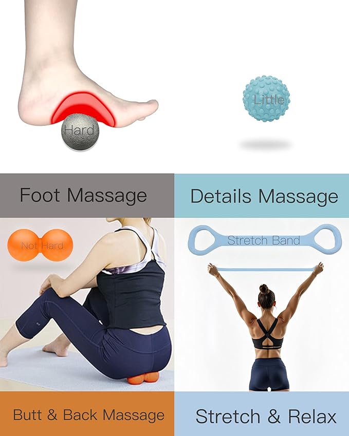 Massage Ball, Lacrosse Ball Massage Ball Therapy for Myofascial Release, Ball for Plantar Fasciitis Relief, Hard Ball,with Extra Soft Peanut Ball,Stretch Band - Bloomnest