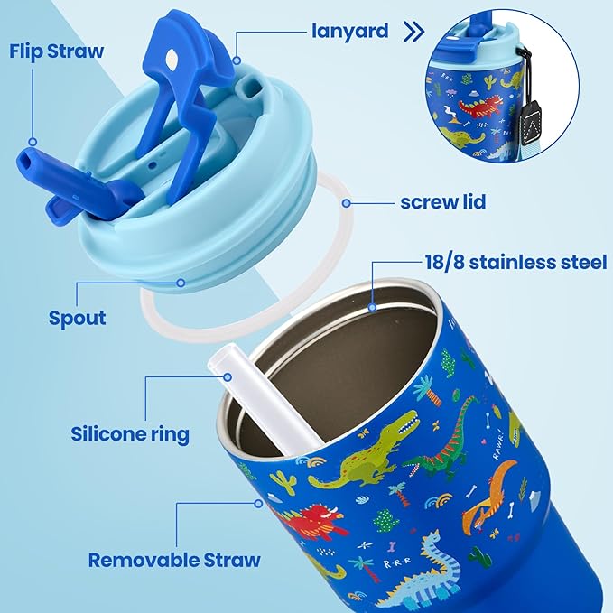 13.5oz Kids Insulated Tumbler with Lid and Straw, BPA-Free Stainless Steel Kids Water Bottle, Leak-Proof& Cupholder Friendly Tumbler for Boys & Girls -2 Pack(Dinasour+Game) - Bloomnest