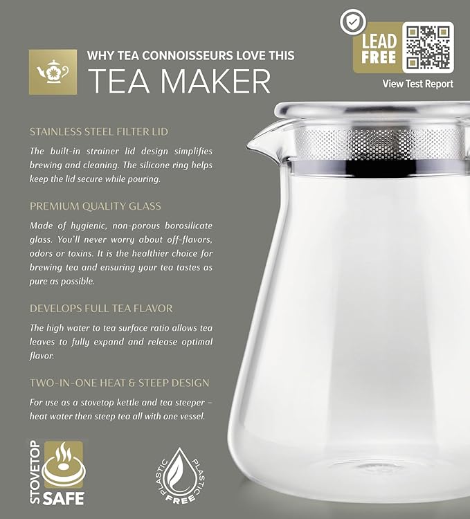 Teabloom One-Touch Tea Maker, 2-in-1 Teapot and Kettle with Stainless Steel Filter Lid for Loose Tea – Stain-free Borosilicate Glass Teapot (27 Oz) – Tea Connoisseur's Choice - Bloomnest