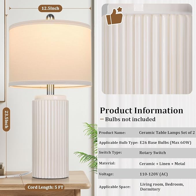 TOBUSA 23.5’’ Modern Ceramic Table Lamps Set of 2 for Living Room, Farmhouse Vintage Bedside Table Lamps with White Linen Shade, Rustic Bedroom Ceramic Lamps for Nightstand Home Office End Table Dorm - Bloomnest
