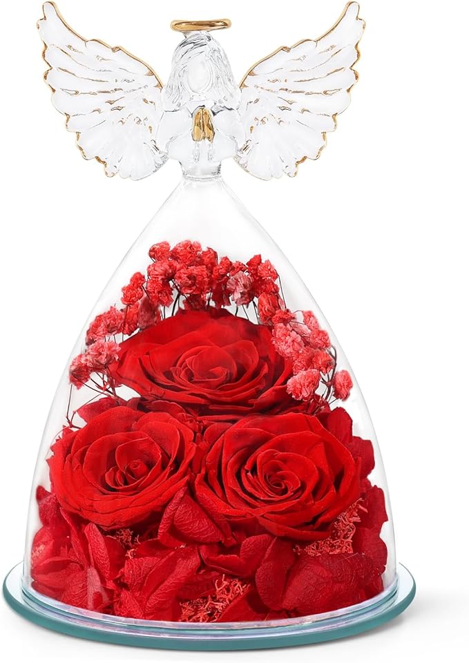 FIACO Valentines Day Gifts for Her Women, Preserved Flowers Forever Eternal Fresh Rose in Glass Angel Figurines Flowers for Delivery Red Roses for Grandma Mom Sister Wife Girlfriend Mother Birthday - Bloomnest