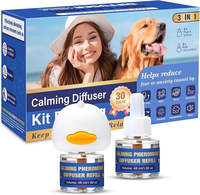 Dog Pheromone Calming Diffuser: Relaxing Pheromone Diffuser for Dogs Relief Stress Anxiety Fighting Scratching Barking, Dog Calming Pheromone Diffuser Kit with 1 Plug in Diffuser+2 Refill 48ml (3in1) - Bloomnest