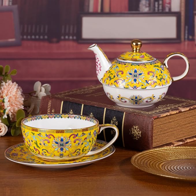 Tea for One, Porcelain Teapot and Cup Set, Vintage Tea Pot and Saucers Set, Ceramic Tea Set for Tea Party, Office and Home, Yellow Tea Cups and Saucer Set for Coffee, Cappuccino, Tea - Bloomnest