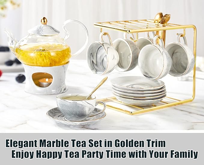 DUJUST 21 pcs Small Tea Set of 6, Gray Marble Texture with Handcraft Golden Trim, Fine Porcelain Tea pot Set for Kids&Adults, 1 Glass Teapot(22oz), 6 Cups(4oz), 6 Saucers, 6 Spoons, 1 Shelf&1 Warmer… - Bloomnest