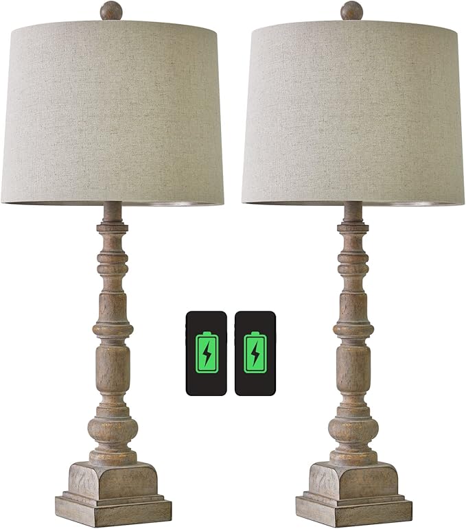 Oneach 27.75" Vintage Farmhouse USB Table Lamps Set of 2 for Living Room Bedroom Traditional Bedside Nightstand Lamp with Dual USB Port Resin Table Lamp with Rotary Switch for Living Room Bedroom - Bloomnest