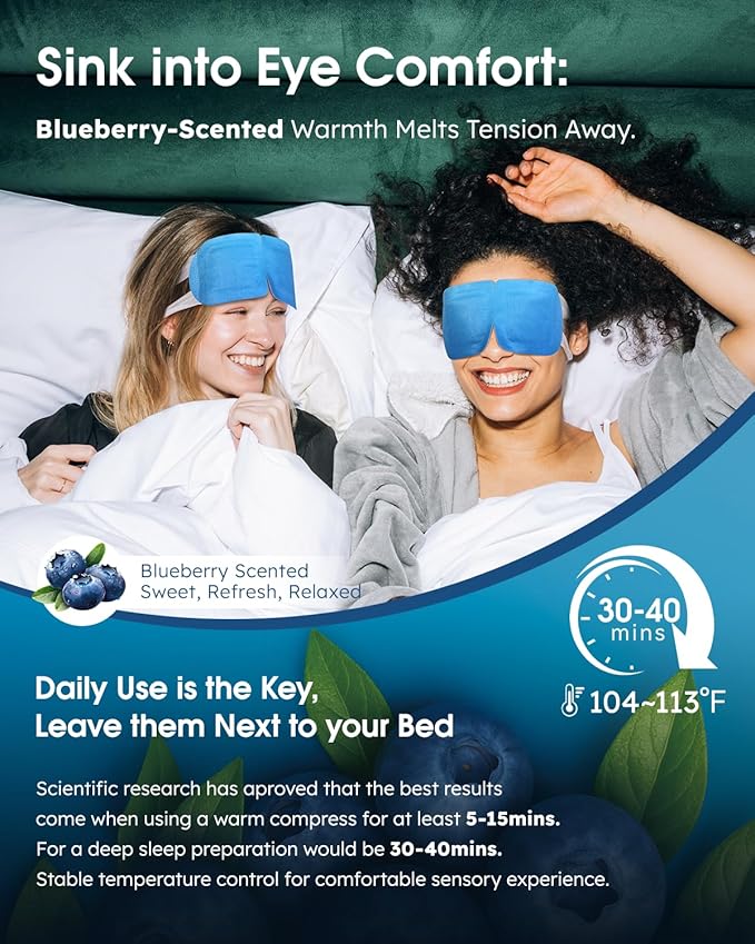 20 Packs Steam Eye Masks for Dry Eyes, Warm Compress Relief for Eye Fatigue & Puffiness, Sleep Heated Eye Mask, Disposable Travel Essentials, Spa Relaxation Gift Women, Party Favors Adults, Blueberry - Bloomnest