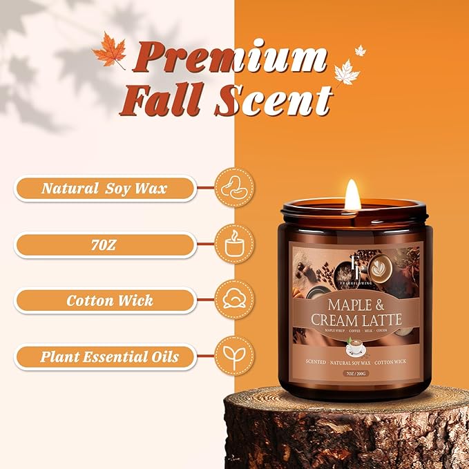 Fall Candle, Maple & Cream Latte Scented Candles for Home, Natural Soy Autumn Candle Aromatherapy Candle, 7 oz Jar Candles Fall Gifts for Women Men - Bloomnest