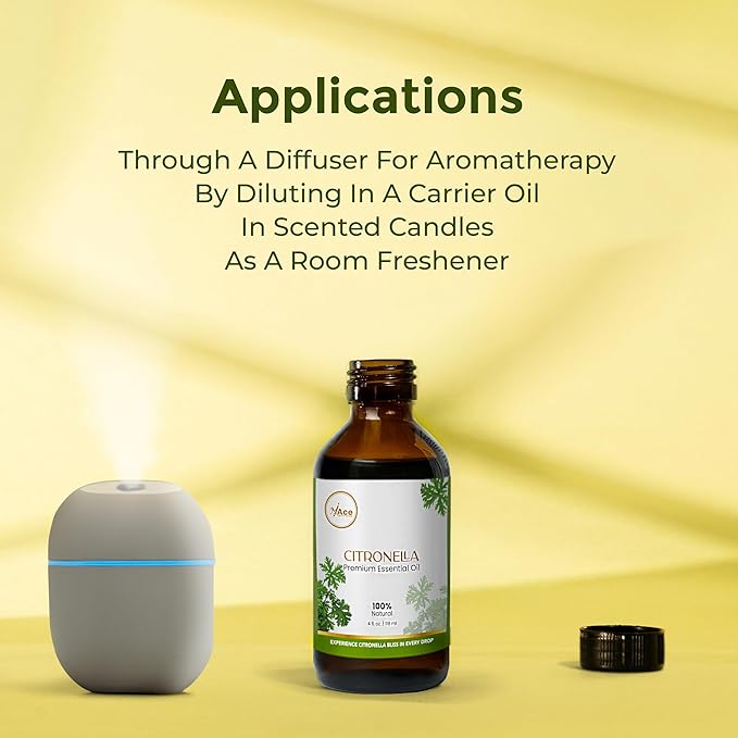 My Ace Citronella Essential Oil – 100% Pure & Natural Steam Distilled Oil – 4 fl oz Amber Glass Bottle with Dropper – Aromatherapy, Diffuser, Skin & Hair Care, Massage, Soap & Candle Making MyAce