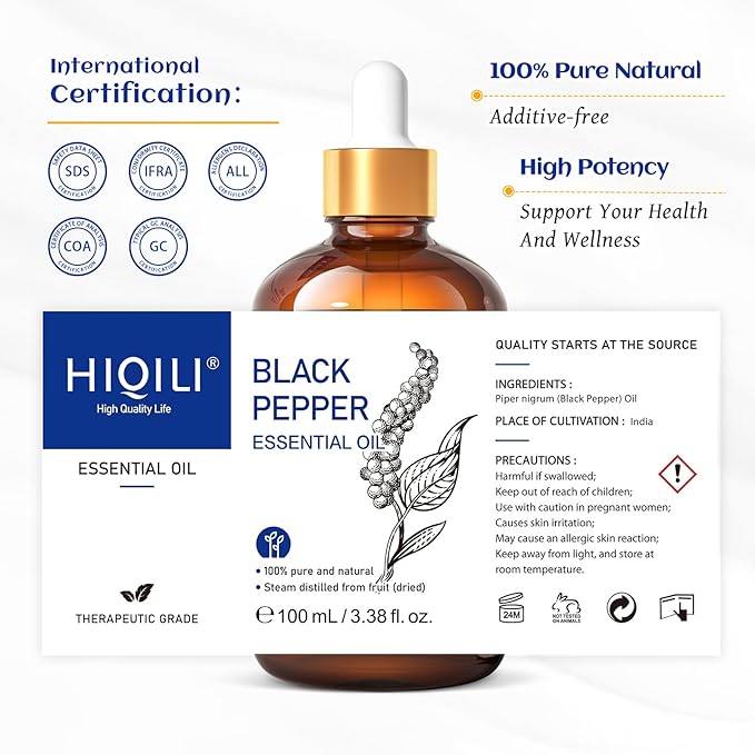 HIQILI Black Pepper Essential Oil for Aromatherapy & Diffuser - Natural Spicy & Warming Scent - Therapeutic Grade - 3.38 Fl Oz - Bloomnest