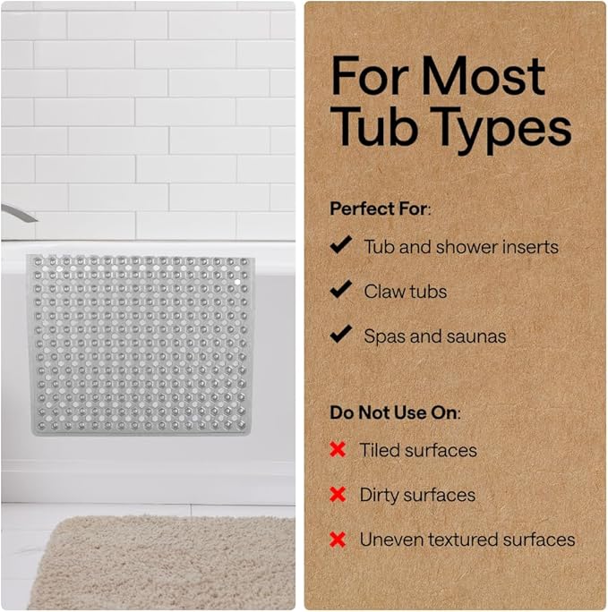 GORILLA GRIP Patented Bath Tub Shower Mat, Machine Washable Bathtub Floor Liner Mats, Suction Cups and Drain Holes to Keep Tubs Clean, Soft on Feet, Bathroom Essentials, 35x16 Inch, Clear Gray - Bloomnest