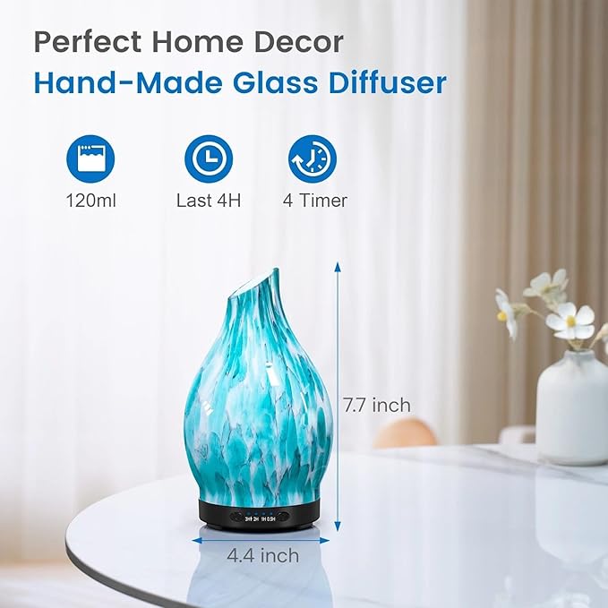 Essential Oil Diffuser, 120ML Glass Aromatherapy Diffuser with Auto Shut-Off and 7 Color LED Lights, Ultrasonic Mist Humidifier with 4 Timer for Home Office Bedroom (Blue Mountain) - Bloomnest