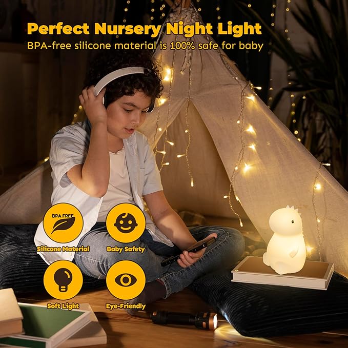LED Squishy Animal Night Light - 2 Level Dimmable Nursery Lamp for Kids, Rechargeable Touch Lamp, Cute Dorm Decor - Perfect Baby Boys Girls Gift (Little Dinosaur) - Bloomnest