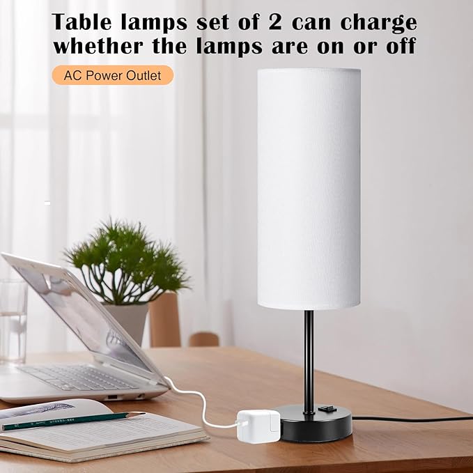 ZJOJO Table Lamp for Bedroom 2 Pack,18in Bedside Lamps with 3 Way Dimmable Rocker Switch & AC Outlet,Nightstand Desk Lamp with White Fabric Shade Black Basee for Living Room Home Decor Lights - Bloomnest