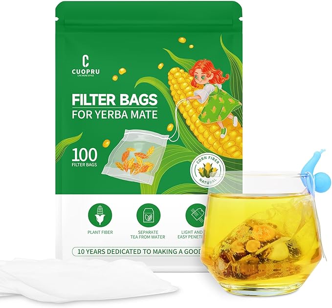 100pcs Tea Filter Bags, Empty Tea Infuser Sachets with Drawstring, Disposable Tea Infuser for Yerba Mate Tea Loose Leaf, Natural Corn Fiber Material (3.94 x 3.15 inches) - Bloomnest
