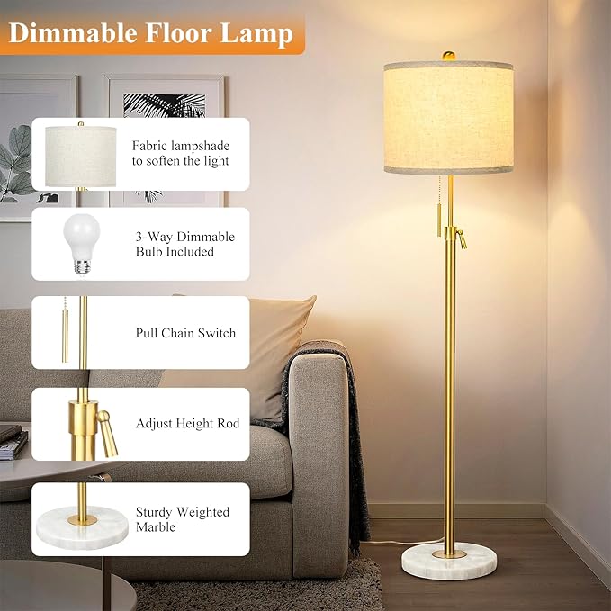 Modern Floor Lamp for Living Room, Adjustable Height Standing Lamp with Marble Base, Gold Tall Pole Light with Linen Shade for Reading Bedroom, Chain Switch, 8W 3-Way Dimmable Bulb Included - Bloomnest