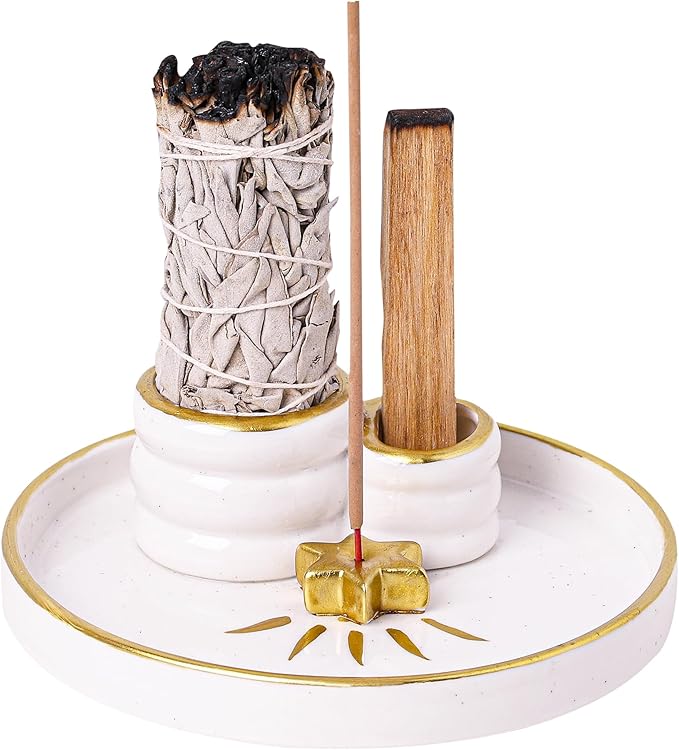 Ceramic Incense Holder Burner, Sage Holder for Burning, Palo Santo Sticks Holder, 5.51" Ash Catch Tray, Smudge Dish for Meditation Yoga, Modern Home Decor Gift - Bloomnest