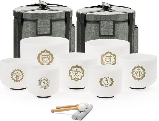 CVNC 432HZ 8-14 Inch Chakra Symbol Design Frosted Quartz Crystal Singing Bowl Set of 7 PCS with Grey Bags for Sound Healing and Meditation - Bloomnest