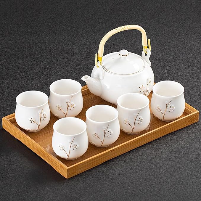 KEYDUACU Japanese Tea Set, White Ceramic Tea Set, Plum Blossom Embossed, Includes 1 Teapot (660ml), 6 Teacups,Tea Tray,Strainer, Can be used at home, outdoor, gift, Chinese Kung Fu Tea Set - Bloomnest