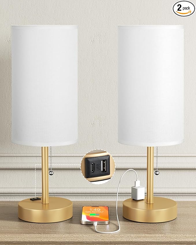 Fenmzee Plus Gold Bedside Lamps Set of 2-3 Color Temperatures Pull Chain Lamp with AC Outlet Charging Port, Round Night Stand Lamps for Bedroom, Bed Side Light with E26 LED Bulbs - Bloomnest