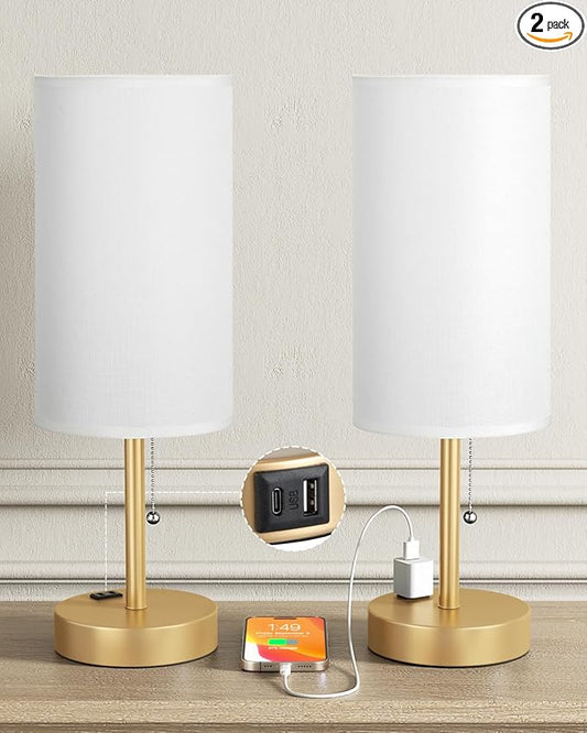 Fenmzee Plus Gold Bedside Lamps Set of 2-3 Color Temperatures Pull Chain Lamp with AC Outlet Charging Port, Round Night Stand Lamps for Bedroom, Bed Side Light with E26 LED Bulbs - Bloomnest