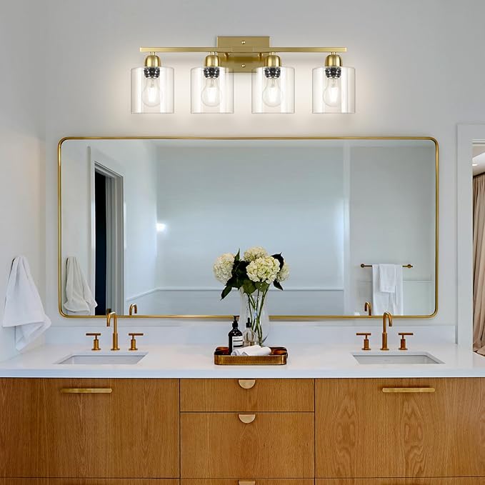 Modern Brushed Gold 4 Light Bathroom Light Fixtures, 24 inch Vanity Lights for Bathroom with Clear Glass for Mirror Kitchen Living Room Hallway Cabinet Porch - Bloomnest