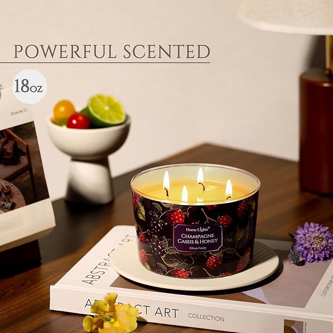 HomeLights Scented Candles for Women & Men, 18oz Candle Jars Aromatherapy 4-Wick Candle, Ideal for Eclectic Mixed Styles Home Decor and Gifts, Champagne Cassis & Honey - Bloomnest